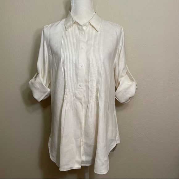 Vivid Linen Pleated Button Up Blouse With Roll Tab Sleeves Size Large - Picture 4 of 16